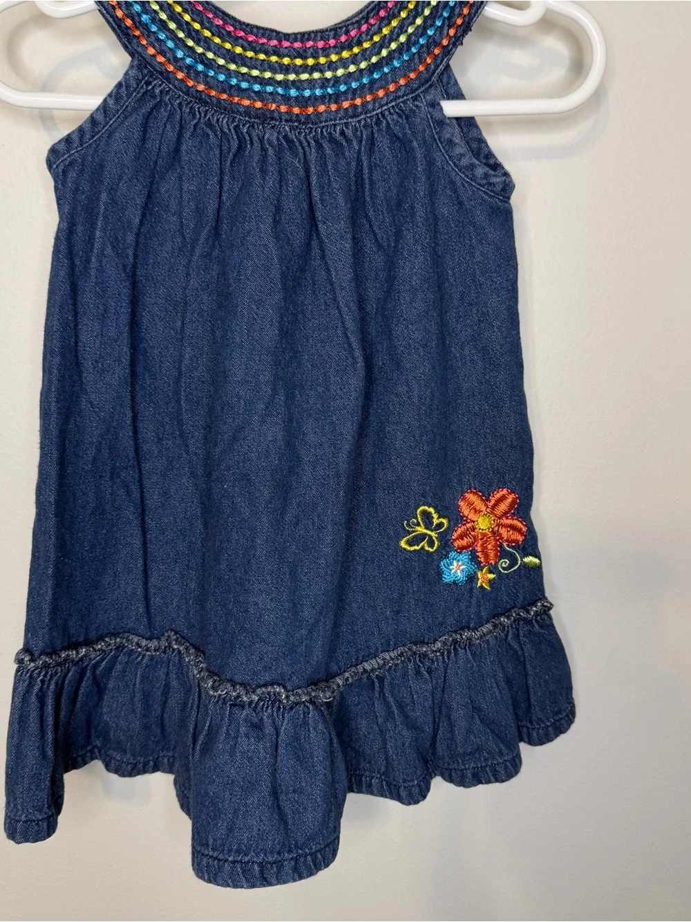 Vintage Y2K Okie Dokie Baby Girls Denim Chambray Embroidered Dress 18 Months